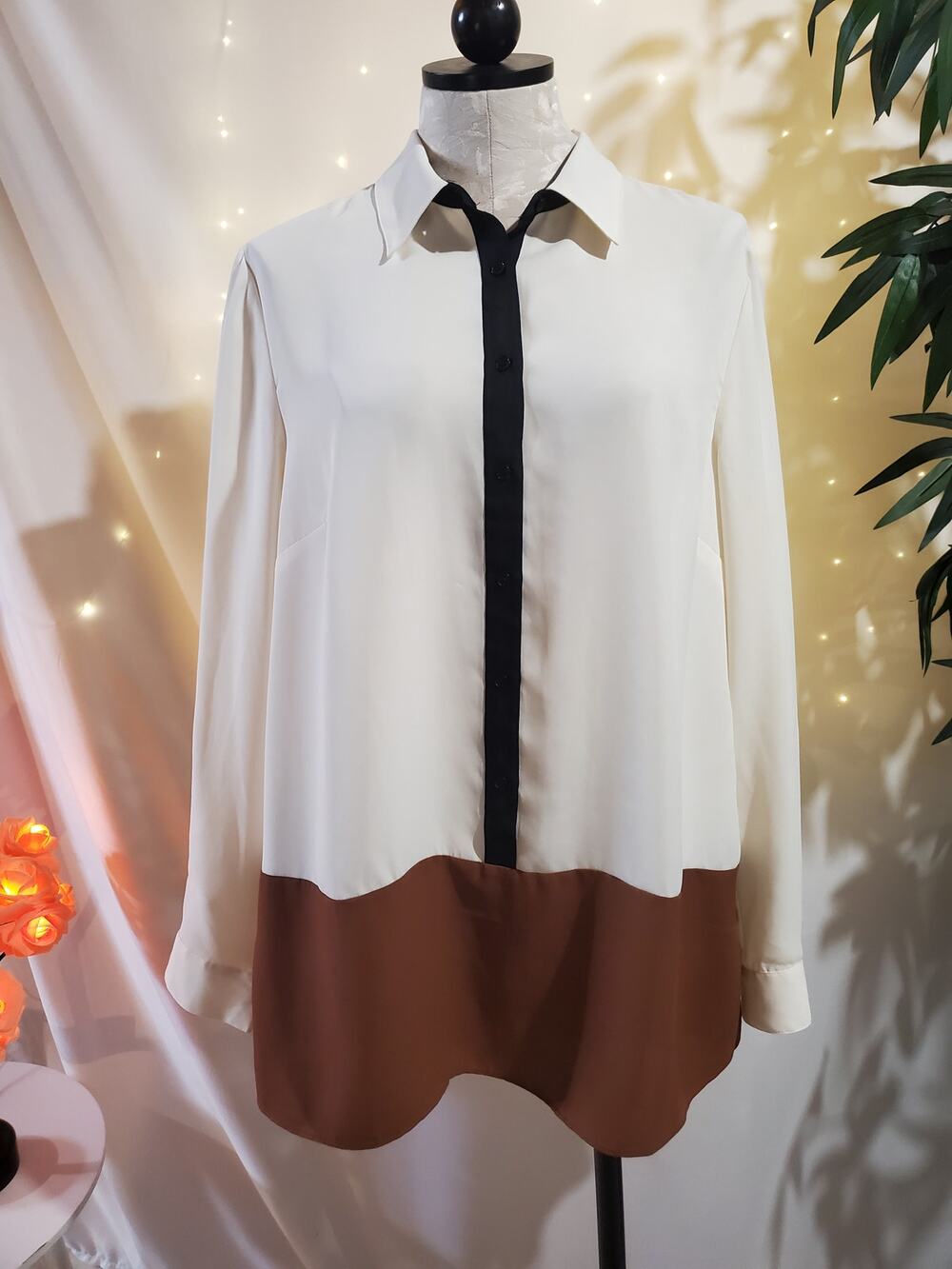 Talbots Colorblock Button Up Roll Tab Sleeve Tunic Blouse Womens Size L Top